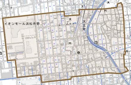 天王町とその周辺の地図。町の範囲を重ねている