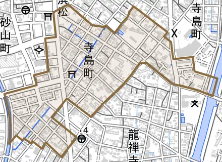 寺島町とその周辺の地図。町の範囲を重ねている