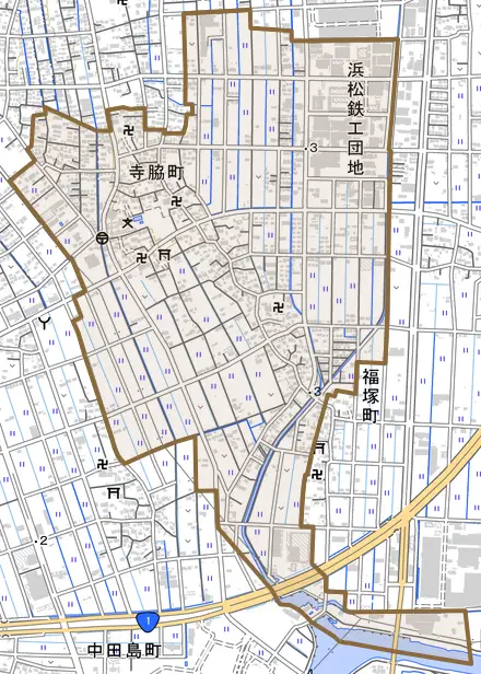 寺脇町とその周辺の地図。町の範囲を重ねている