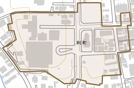 利町とその周辺の地図。町の範囲を重ねている