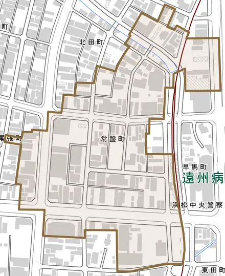 常盤町とその周辺の地図。町の範囲を重ねている