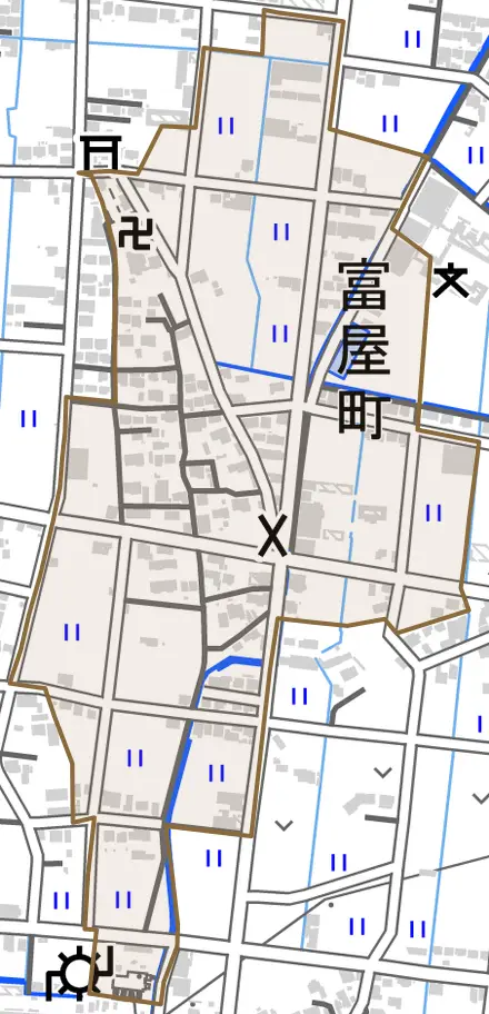 富屋町とその周辺の地図。町の範囲を重ねている