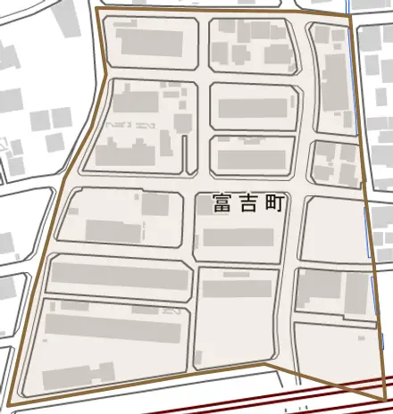 富吉町とその周辺の地図。町の範囲を重ねている