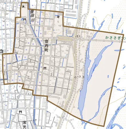 豊西町とその周辺の地図。町の範囲を重ねている