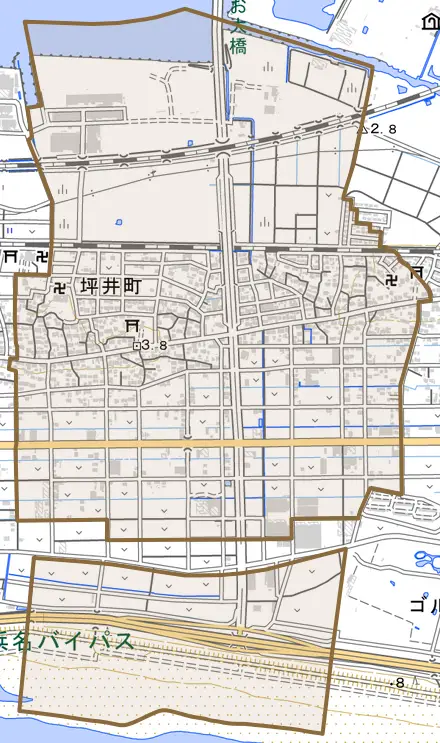 坪井町とその周辺の地図。町の範囲を重ねている