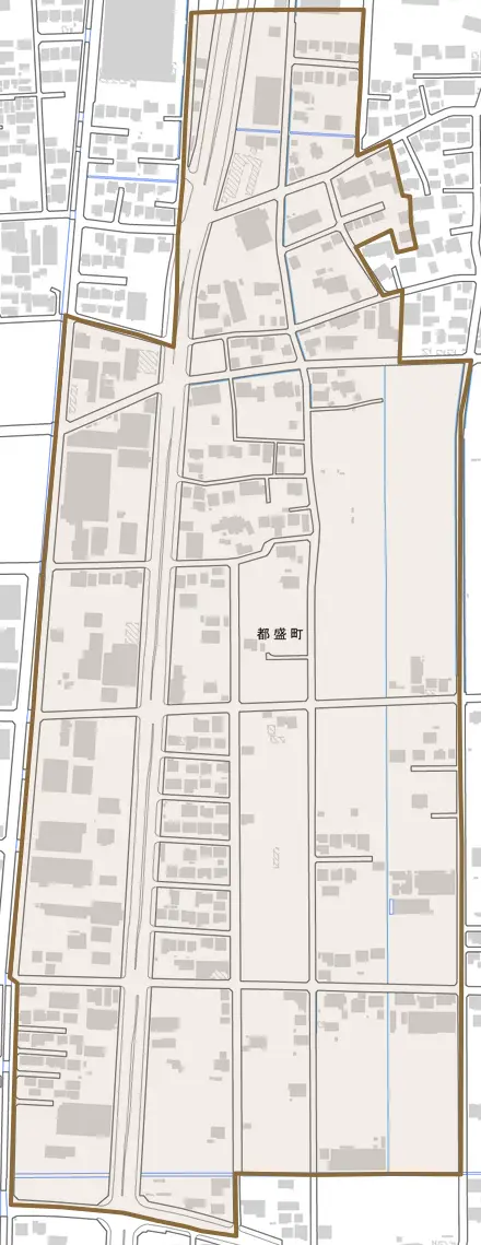 都盛町とその周辺の地図。町の範囲を重ねている