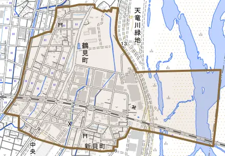 鶴見町とその周辺の地図。町の範囲を重ねている