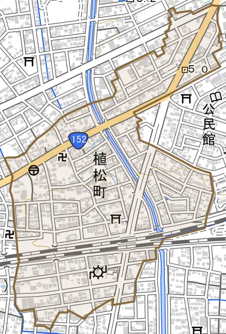 植松町とその周辺の地図。町の範囲を重ねている