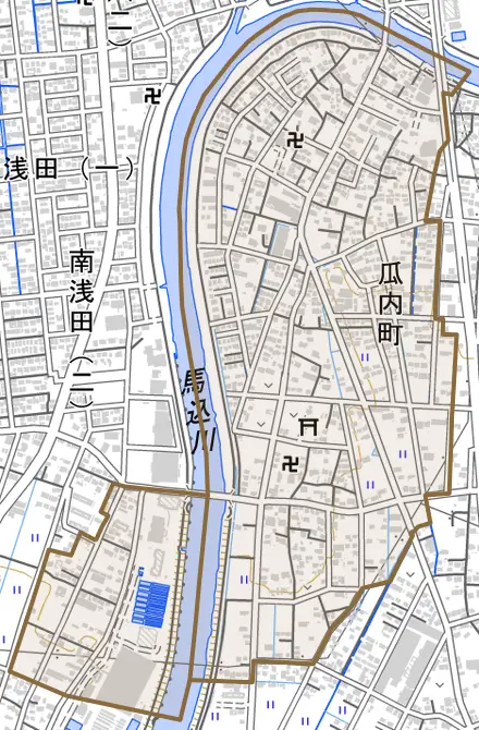 瓜内町とその周辺の地図。町の範囲を重ねている