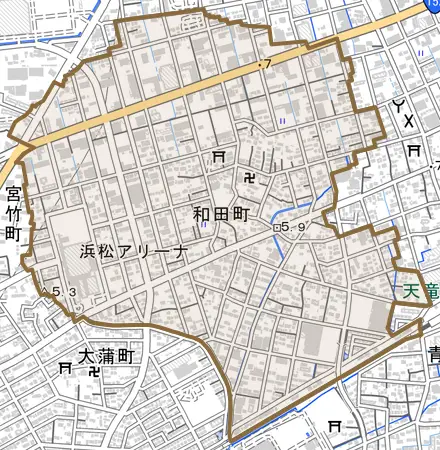 和田町とその周辺の地図。町の範囲を重ねている