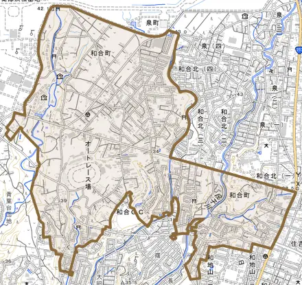 和合町とその周辺の地図。町の範囲を重ねている