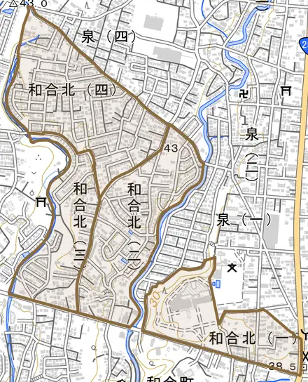 和合北とその周辺の地図。町の範囲を重ねている