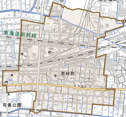 若林町とその周辺の地図。町の範囲を重ねている