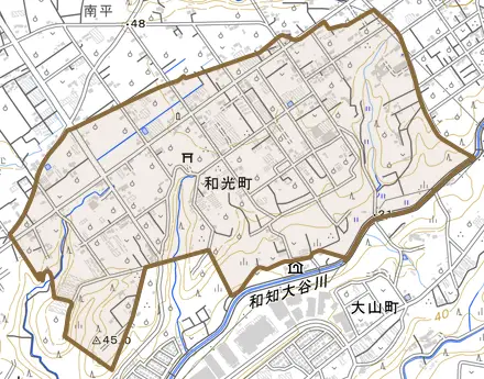 和光町とその周辺の地図。町の範囲を重ねている