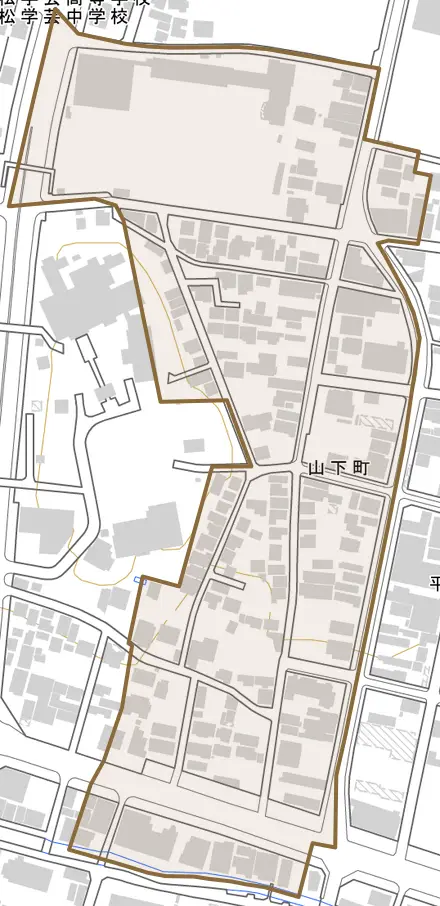 山下町とその周辺の地図。町の範囲を重ねている