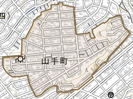 山手町とその周辺の地図。町の範囲を重ねている