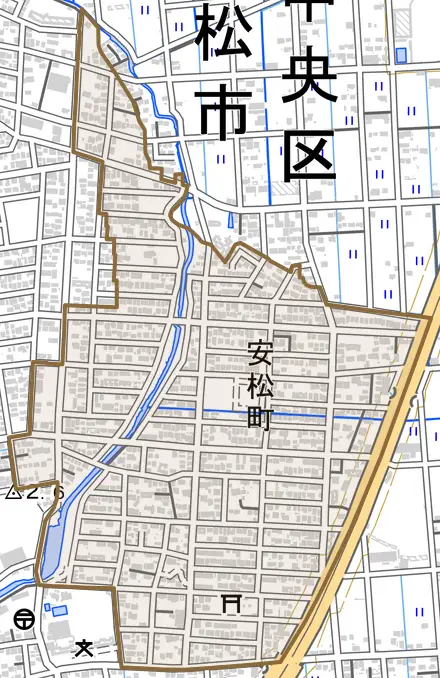 安松町とその周辺の地図。町の範囲を重ねている