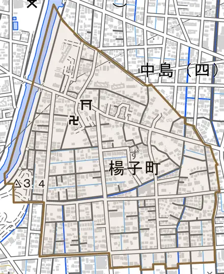 楊子町とその周辺の地図。町の範囲を重ねている