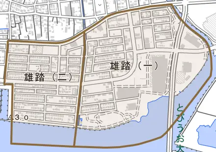 雄踏とその周辺の地図。町の範囲を重ねている