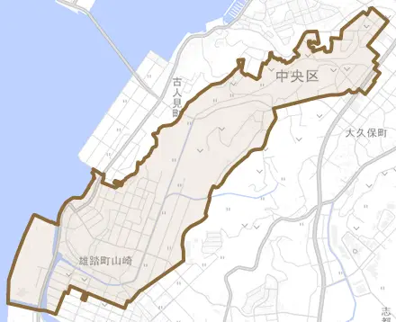 雄踏町山崎とその周辺の地図。町の範囲を重ねている