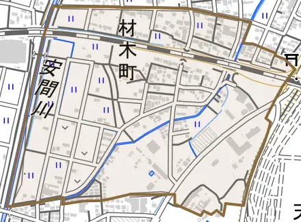 材木町とその周辺の地図。町の範囲を重ねている