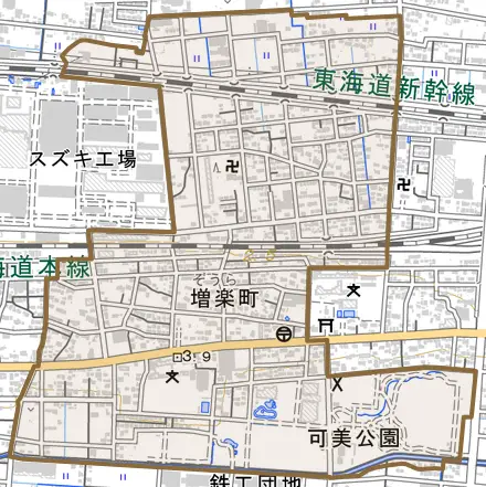 増楽町とその周辺の地図。町の範囲を重ねている