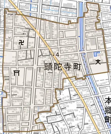 頭陀寺町とその周辺の地図。町の範囲を重ねている