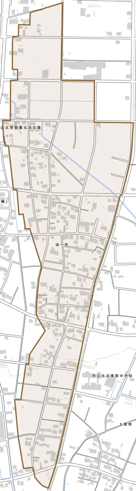 油一色とその周辺の地図。町の範囲を重ねている