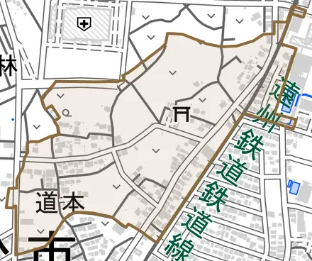 道本とその周辺の地図。町の範囲を重ねている