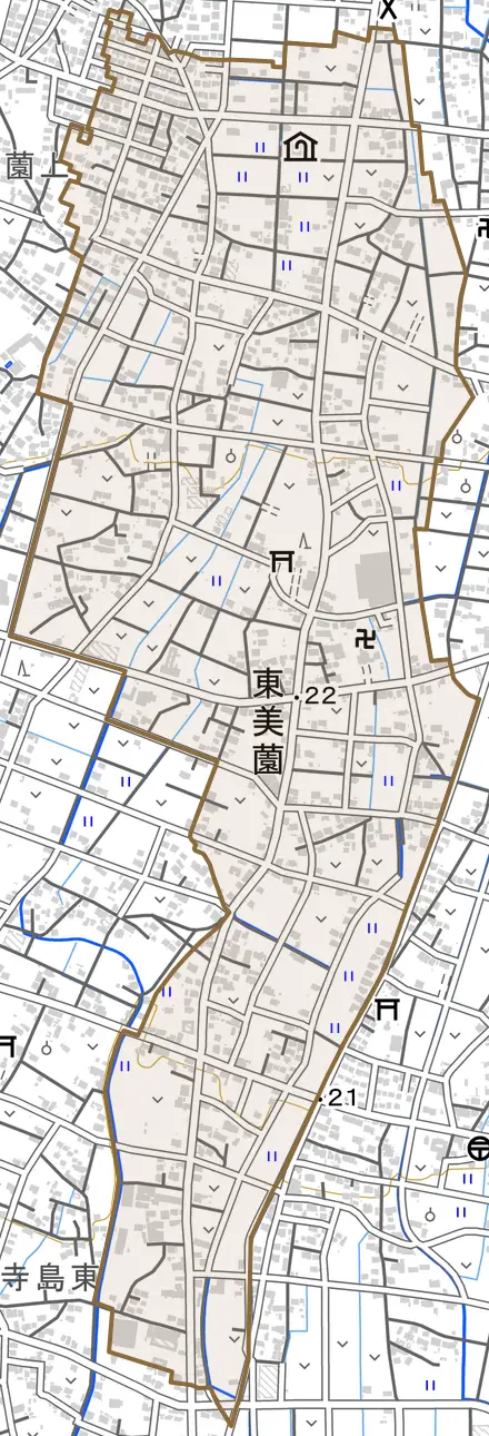 東美薗とその周辺の地図。町の範囲を重ねている