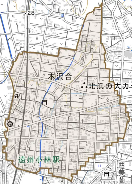 本沢合とその周辺の地図。町の範囲を重ねている