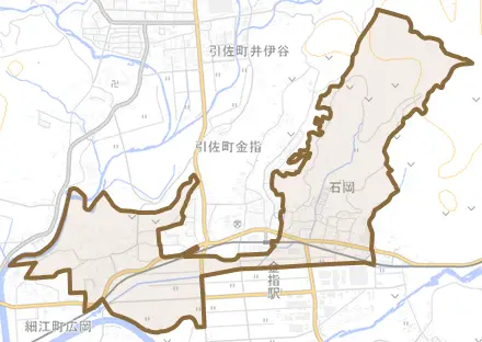 細江町三和とその周辺の地図。町の範囲を重ねている