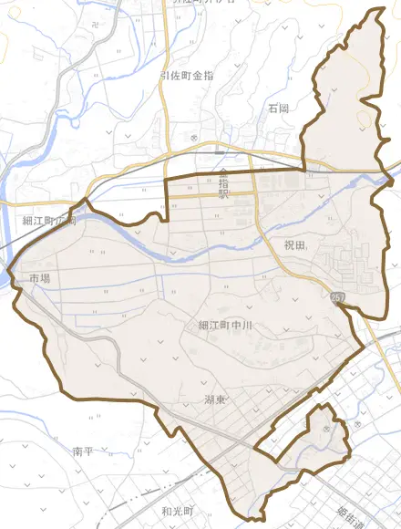 細江町中川とその周辺の地図。町の範囲を重ねている