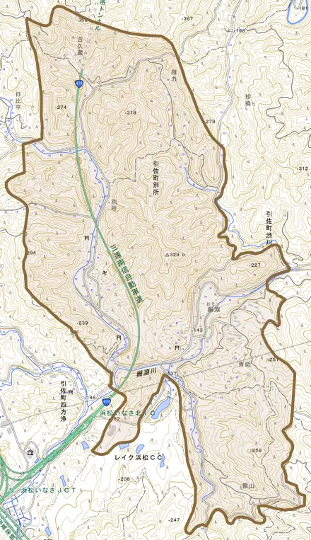 引佐町別所とその周辺の地図。町の範囲を重ねている