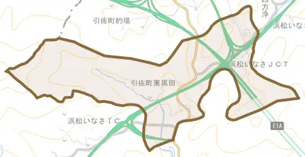 引佐町東黒田とその周辺の地図。町の範囲を重ねている