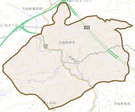 引佐町伊平とその周辺の地図。町の範囲を重ねている