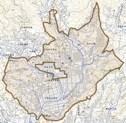 引佐町井伊谷とその周辺の地図。町の範囲を重ねている