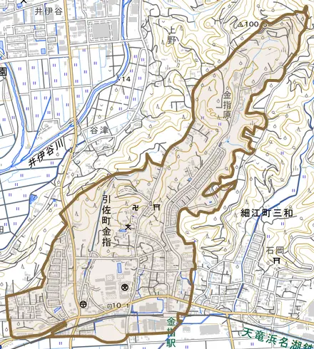 引佐町金指とその周辺の地図。町の範囲を重ねている