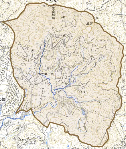 引佐町三岳とその周辺の地図。町の範囲を重ねている