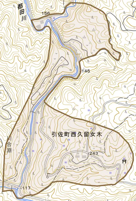 引佐町西久留女木とその周辺の地図。町の範囲を重ねている