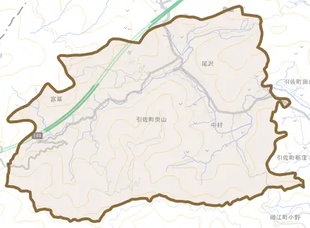 引佐町奥山とその周辺の地図。町の範囲を重ねている