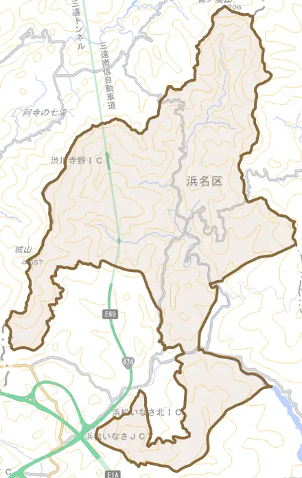 引佐町渋川とその周辺の地図。町の範囲を重ねている