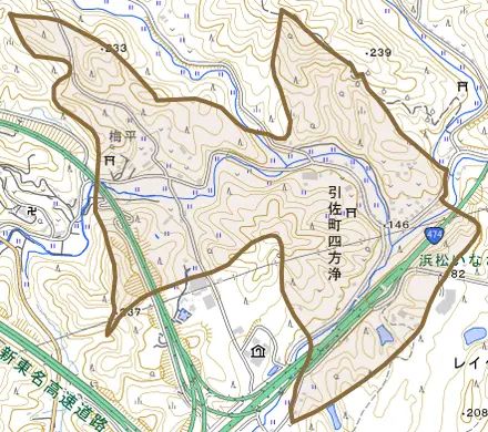 引佐町四方浄とその周辺の地図。町の範囲を重ねている