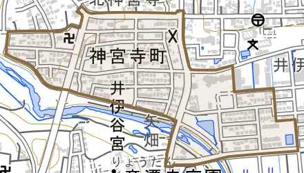 神宮寺町とその周辺の地図。町の範囲を重ねている