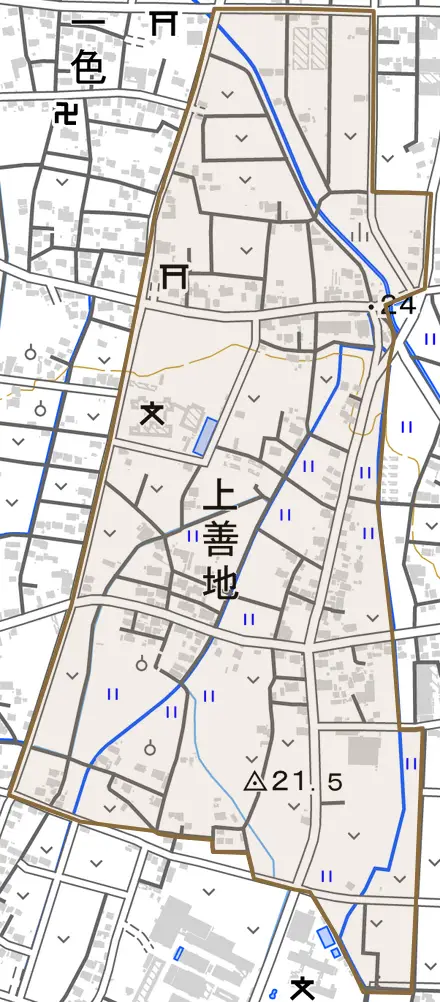 上善地とその周辺の地図。町の範囲を重ねている