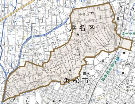 小林とその周辺の地図。町の範囲を重ねている