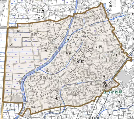 小松とその周辺の地図。町の範囲を重ねている