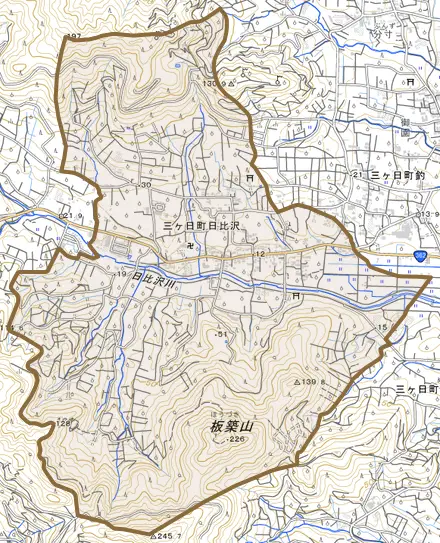 三ヶ日町日比沢とその周辺の地図。町の範囲を重ねている