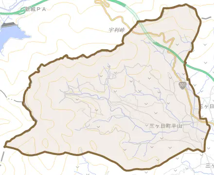 三ヶ日町平山とその周辺の地図。町の範囲を重ねている