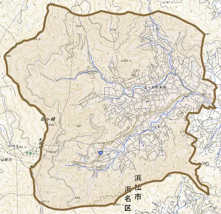 三ヶ日町本坂とその周辺の地図。町の範囲を重ねている